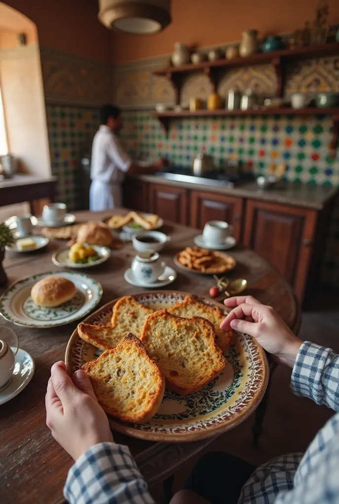 Pov bird's-eye view of a me with mu hands eating (Moroccan bread) and cofe and  mor breakfast food for breakfast  in  a old  traditional Moroccan kitchen. The shot focuses on my hands. The kitchen features colorful 'zellige' tiles and a big kitchen .Soft m...