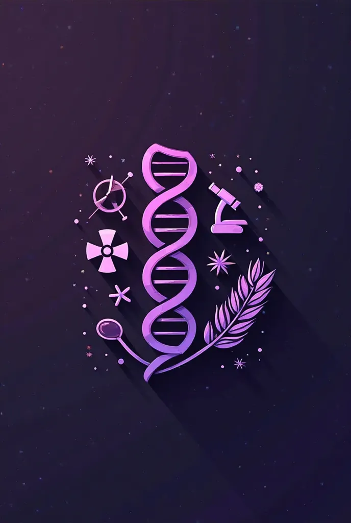 Make like a logo for a mug, It has to have DNA, a symbol of radiation, a wheat branch and a microscope, in shades of purple , It has to be a drawing integrating these things