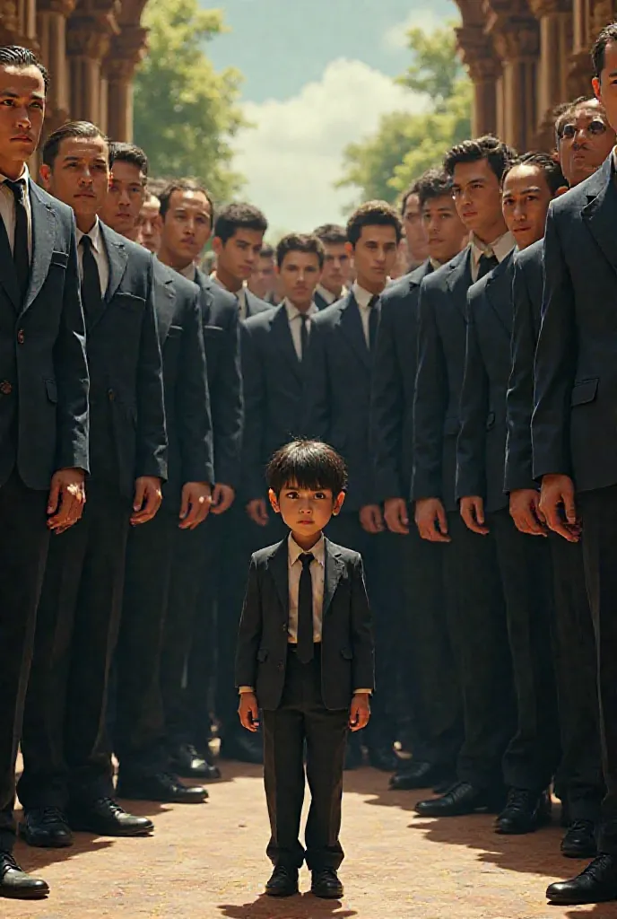 A  boy named niro next to 1000000 bodyguards in suits.