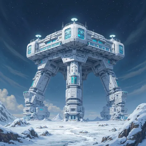 full image,  from the front, anime art, Fortaleza giant technological and advanced, white in color, Gray and blue lights, surrounded by snow and night, circular and square structures, military. Similar to a general base.