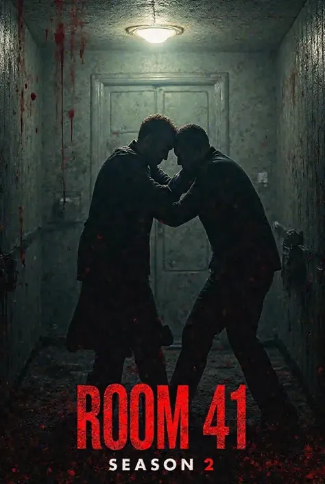 Create a snippet image for my Season 2 Book, the image must have have 'ROOM_41 SEASON 2" written in Bold letters, the picture must scream horror, blood, plot twists, wars.