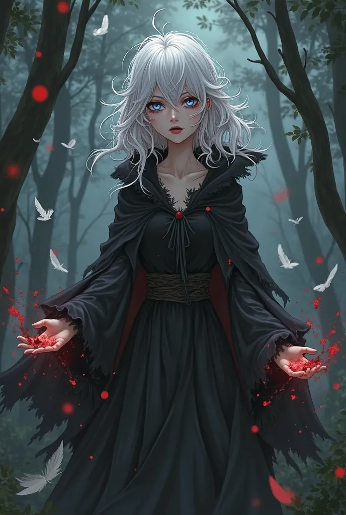 A beautiful woman with a messy white curly hair, white eyes, and a pale complexion. She wearing a black flowy silk with dress with a black cloak with a splash of blood. Her hands emits black and red smoke, white feathers falling, standing in the middle of ...