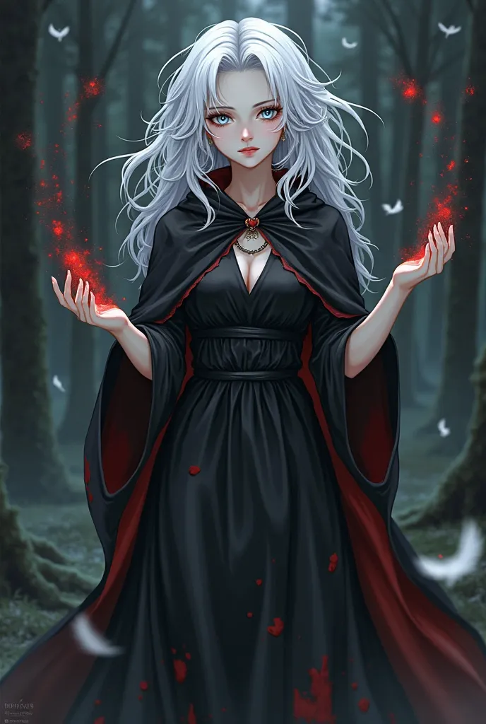 A beautiful woman with a messy white curly hair, white eyes, and a pale complexion. She wearing a black flowy silk with dress with a black cloak with a splash of blood. Her hands emits black and red smoke, white feathers falling, standing in the middle of ...