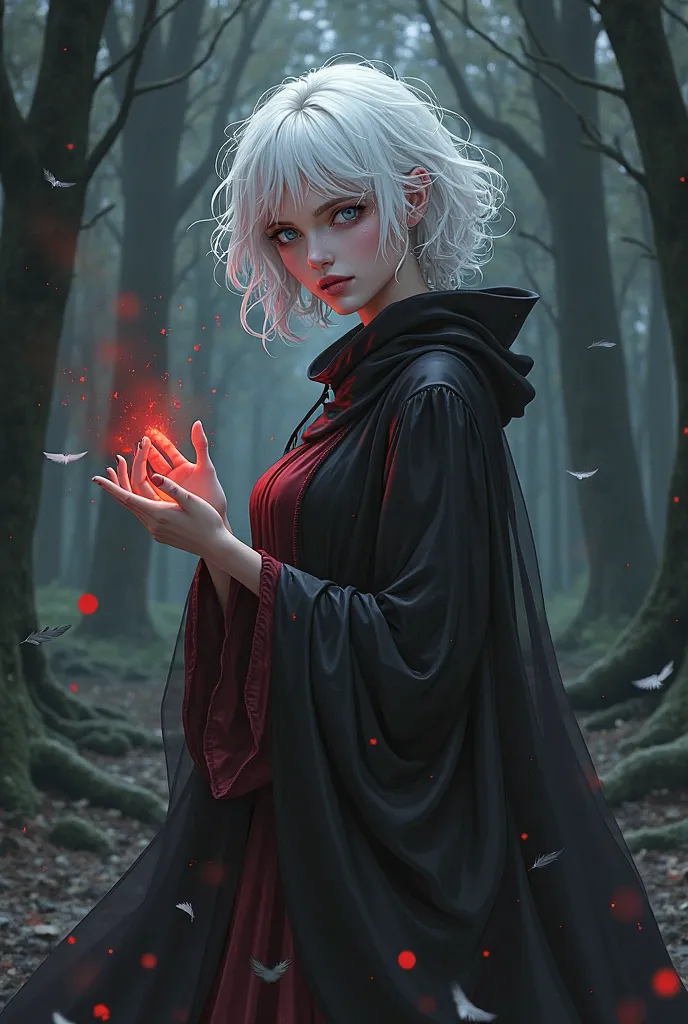 A beautiful woman with a messy white curly hair, white eyes, and a pale complexion. She wearing a black flowy silk with dress with a black cloak with a splash of blood. Her hands emits black and red smoke, white feathers falling, standing in the middle of ...