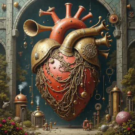 A large mechanical heart made from various musical instruments in the style of Hieronymus Bosch