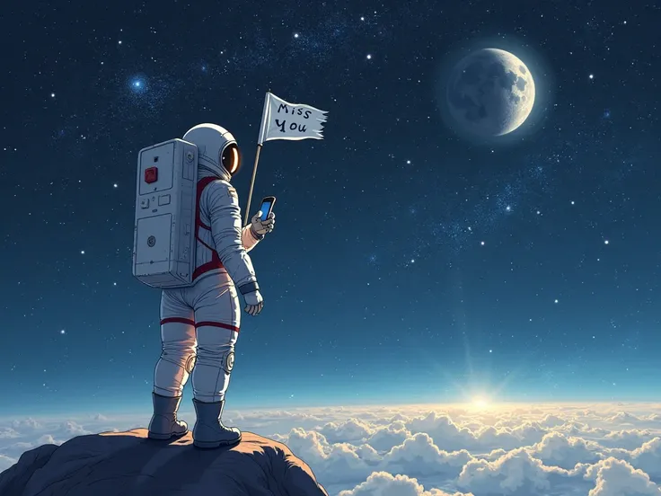 1 person,wearing an astronaut suit,standing on the starry,But it seems to float away.,Look at the world,((, stand facing back)),In hand there is a mobile phone.,Lift up and see,with the left hand holding the flag.,The flag says miss you 