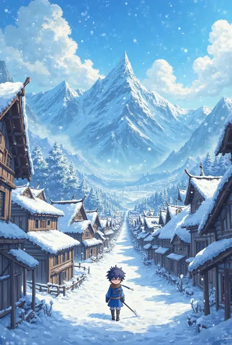 Anime cover title "Elemental Odyssey" , background a snow village subtitle underneath "Yukibori Village arc" 