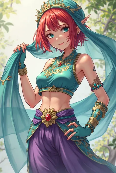 ntesian anime girl, , half-elf with short red hair. She is wearing an oriental outfit: short blue-turquoise top with gold patterns, loose purple trousers, a turquoise mask, that hangs around her neck, and a veil of the same color, attached to the back of h...