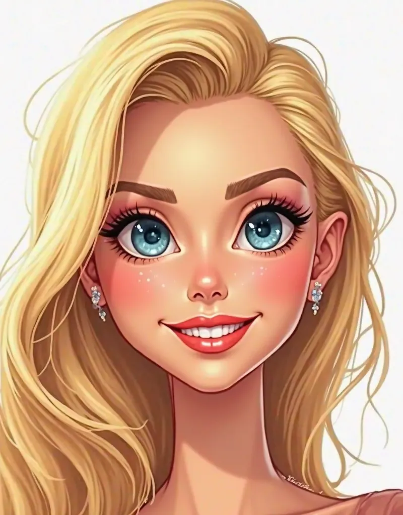 Create a 2D cartoon portrait of a female character named Sienna, with facial features resembling actress Jenna Jameson: large, bright blue eyes, pronounced cheekbones, full smiling lips, and long wavy blonde hair elegantly framing her face. The drawing sho...