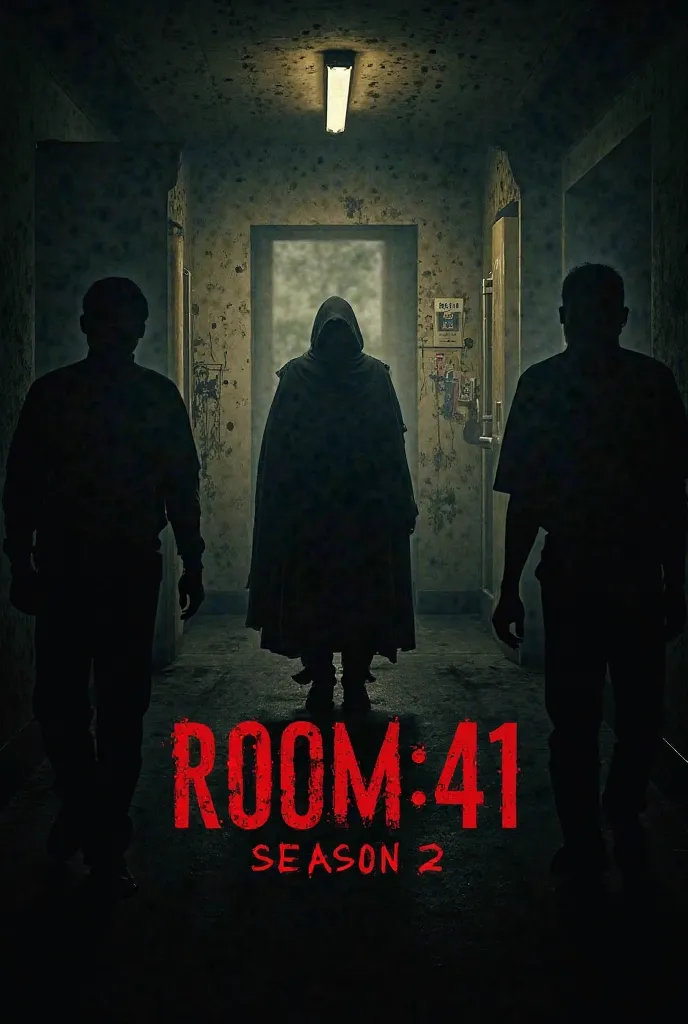 Create a snippet image for my Season 2 Book, the image must have have 'ROOM_41 SEASON 2" written in Bold letters, the picture must scream horror, plot twists, wars.