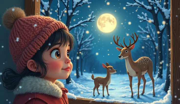 That winter night as Girl(little)looked out her window, she saw Deer and her mother standing near the trees(cartoon image)