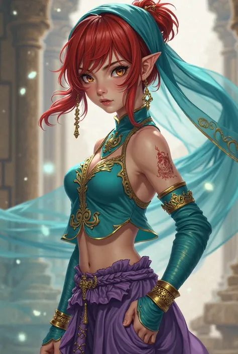 Fantasy anime girl, half-elf with short red hair. She is wearing an oriental outfit: short blue-turquoise top with gold patterns, loose purple trousers, a turquoise mask, that hangs around her neck, and a veil of the same color, attached to the back of her...