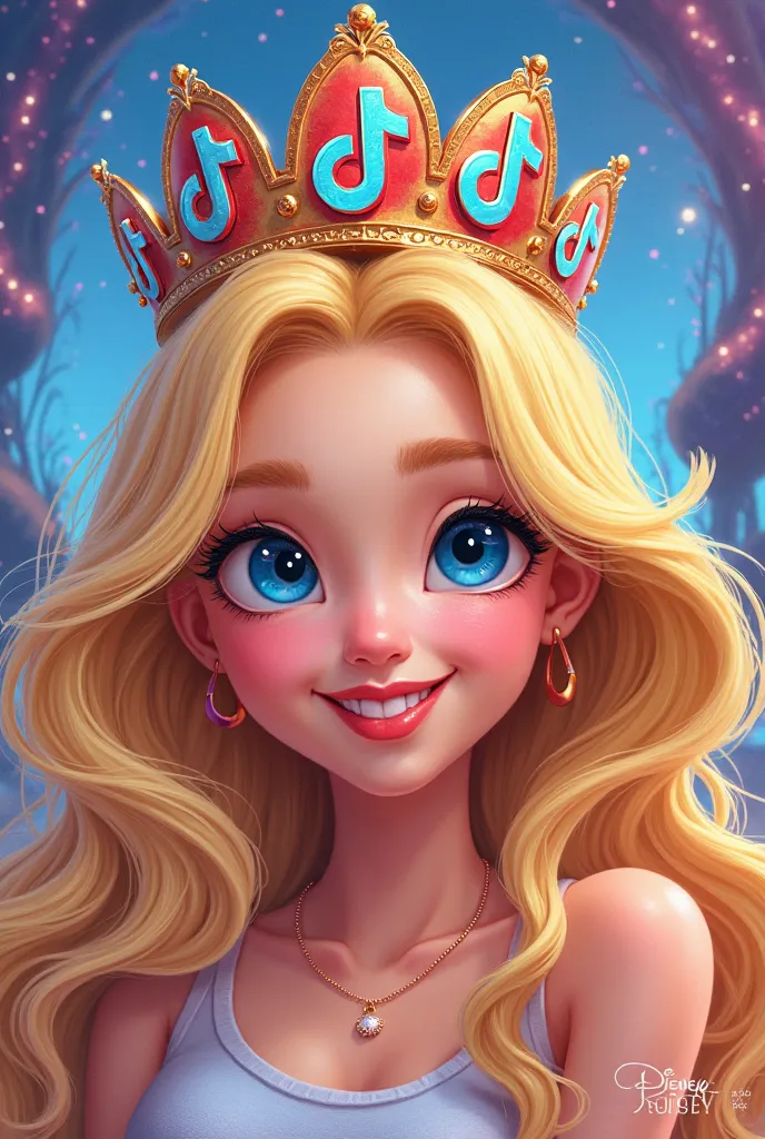 Make a Disney cartoon-style image of model Suzy Cortez blue eyes and blond hair wearing a crown with several TikTok logos behind her