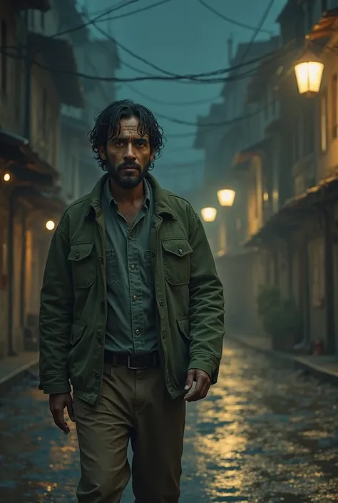 Omar: is a 45-year-old man with a beautiful brown skin with a beautiful face with sad features, big eyes and wet black hair.wearing old brown pants and a green jacket walks in a desperate and sad night on a long and wide street. .The street is surrounded b...