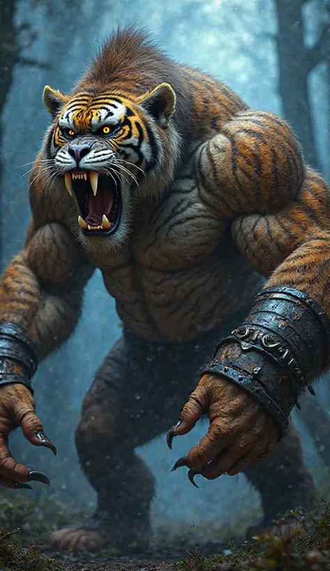 "A highly detailed and realistic digital painting of a hybrid creature combining a gorilla and a tiger. The creature has the muscular build of a gorilla with powerful arms and broad shoulders, but its body is covered in striped fur like a tiger. Its face i...