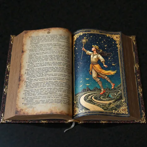 The black table reflects the silver sheen of the letters that fill out the left page of the grimoire, the texts seem to move, as if they were gliding by themselves on the scroll. On the right page, a vibrant illustration shows an agile and elegant figure, ...