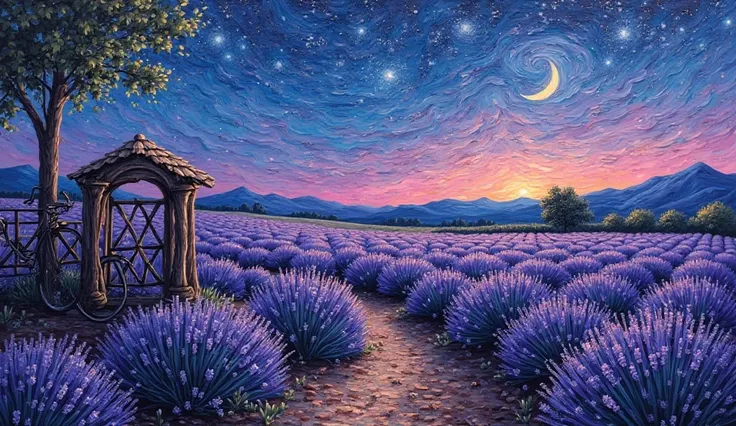 A Van Gogh-inspired lavender field in Provence at twilight: swirling purple and indigo brushstrokes, a glowing crescent moon, and a lone bicycle leaning against a wooden gate. Thick impasto texture, starry night sky, dreamy and nostalgic."