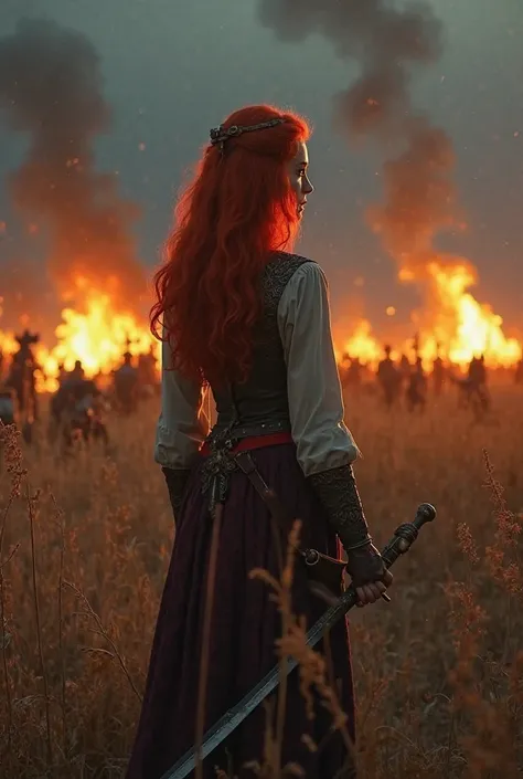 A girl with red hair from the Middle Ages stands with her back to us in the field, where dry grass grows, there is a battle going on around her, there's a lot of fire around,  Outside night,  the girl is visible from the waist , in her hands she has a lowe...