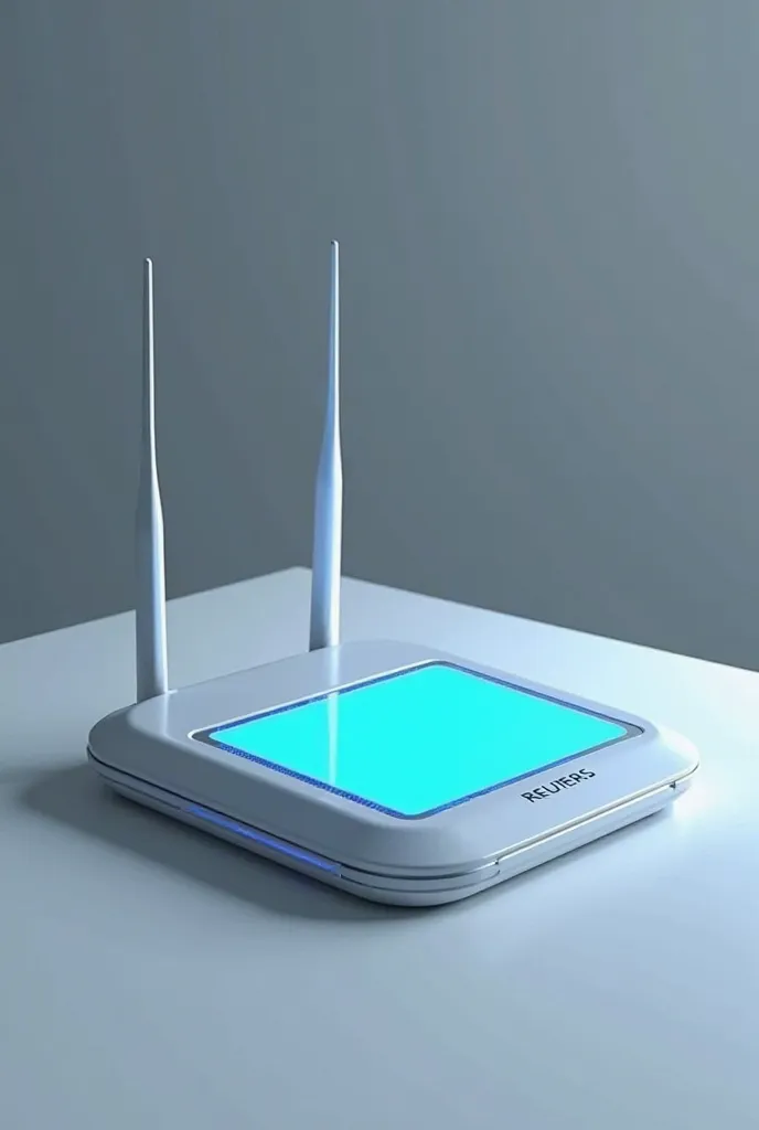 Image of a Reuter with a blue digital graphic screen with a thin flat design lying on a table and with two antennas on the back of the Teuter modems latest slim futuristic model with a blue graphic digital screen with letters with two antennas lying on a t...