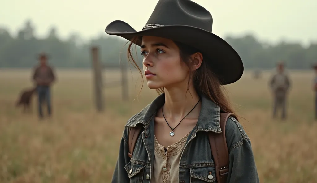 (photorealism:1.2), "A girl wearing a dark cowboy hat, a rugged jacket, and a shirt, standing in a rural, outdoor setting. His expression is focused and contemplative, as he gazes into the distance. The background shows a wide open landscape, with a blurre...