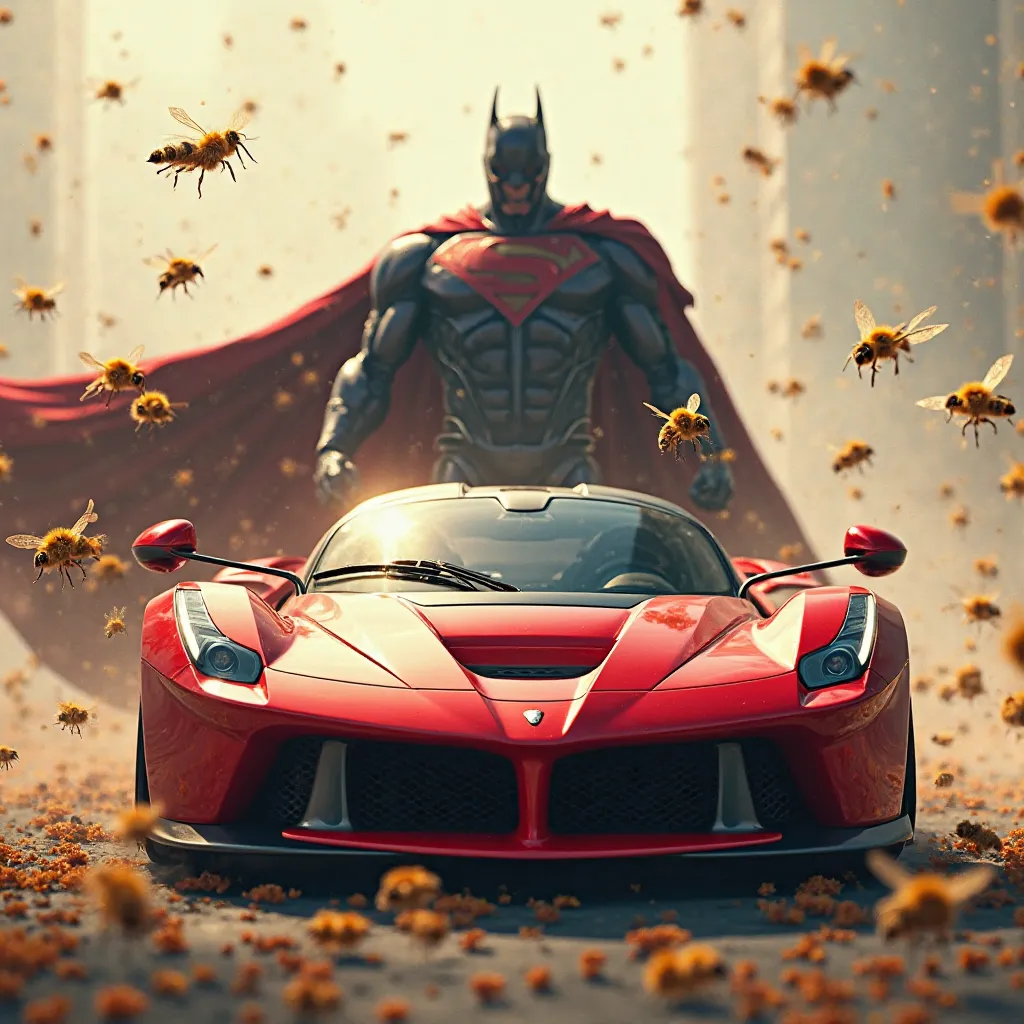 Red sports car with a superhero shadow behind and bees everywhere