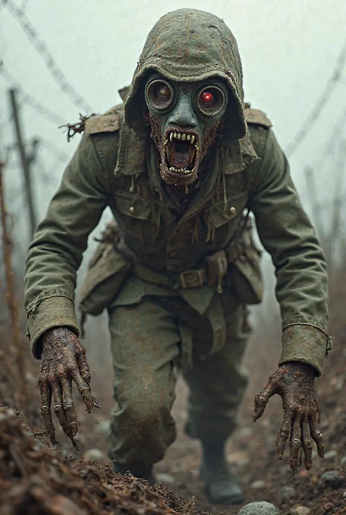 A German soldier of the First World War as a zombie with a broken gas mask 