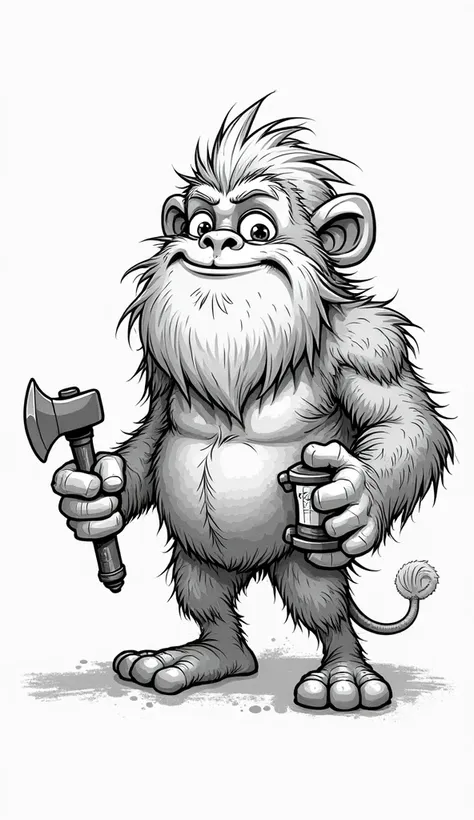 black and white cartoon drawing of a monkey fused with Gimli from The Lord of the Rings