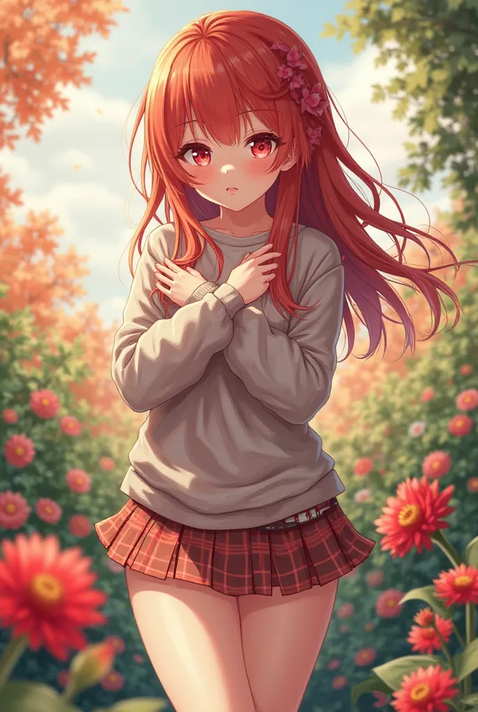 Let's design an anime, redhead tits big,  tall, shyly looking at the screen, she joins her arms under her chest and red in her eyes, there is a mini skirt underneath, get some thick clothes and be in a beautiful flowering garden