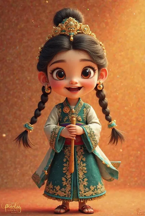 {
  "prompt": "A cartoon-style realistic human character with big, expressive eyes and a joyful expression. The character is wearing traditional clothes, with intricate designs in dark blue and emerald green, golden embroidery, and vibrant colors. The char...