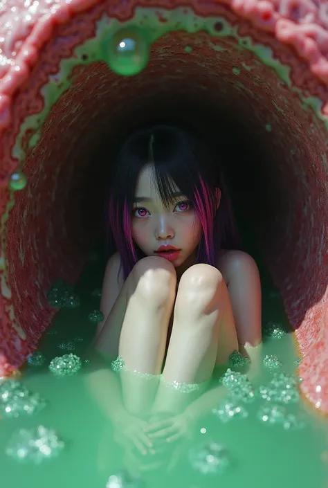 Japanese woman with long dark purple hair and pink highlights, eyes in purple, shocked face, screaming, skin full of white mucus, sitting curled up, knees raised (Kneeling, bending, sexy) Inside the stomach there is no way out, wet, organic flesh, a networ...