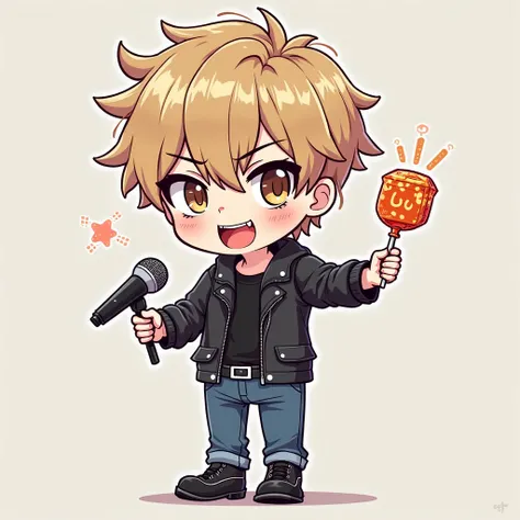  anime, cartoon,Chibi drawing, age age boy Tall1, dandy cut hairstyle, Make a face,irritating smile,Left hand holding mic.,Right hand holds stir-fry block coli,have a heady lollipop,Wearing a black leather dress,Black inner shirt, black belt ,blue jeans, b...