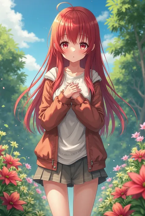 Let's design an anime, redhead tits big,  tall, shyly looking at the screen, she joins her arms under her chest and red in her eyes, there is a mini skirt underneath, with some thick clothes and be in a beautiful flowering garden with flowers and trees, an...