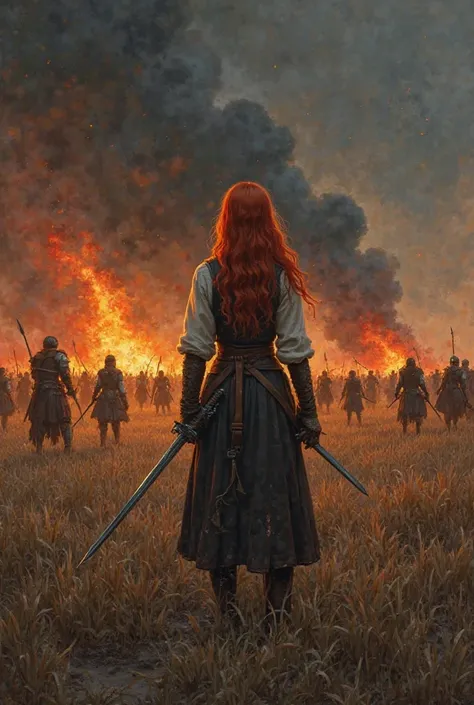 Realism illustration A girl with red hair from the Middle Ages stands with her back to us in the field, where dry grass grows, there is a battle going on around her, people are fighting, lots of fire and smoke around,  Outside night,  the girl is visible f...