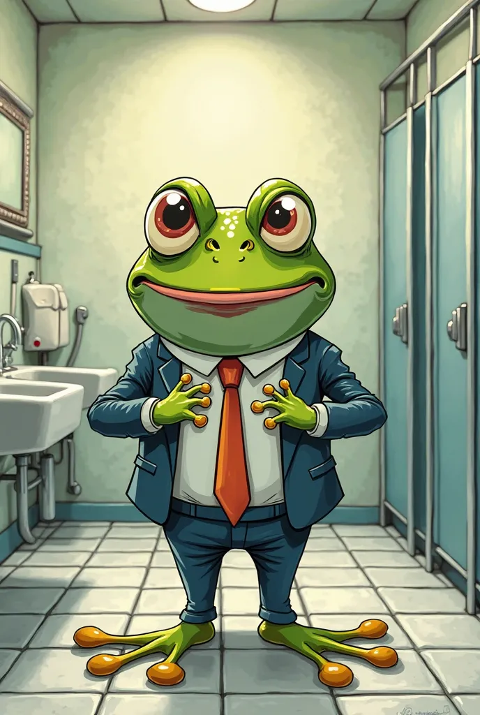 2d cartoon of a funny and amusing frog in the men's bathroom 