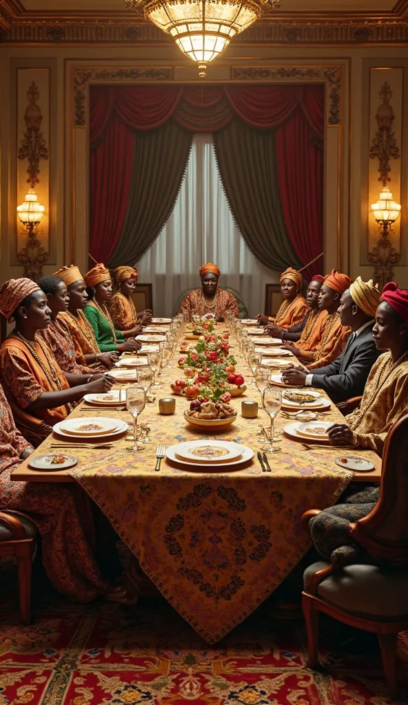 "A luxurious scene featuring a group of wealthy african men and  women seated around a grand rectangular table. african outfit nigerian ghannean outfit