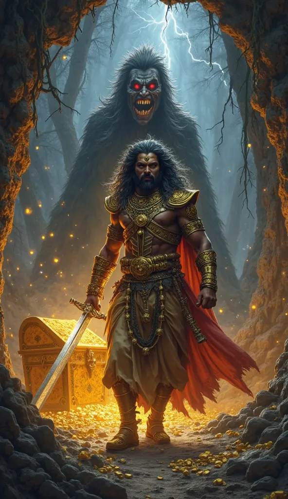 A fierce King Vikramaditya, dressed in golden armor, holding a shining sword, stands in the middle of a dark forest. On his shoulders, Betaal, a ghostly figure with wild hair and glowing red eyes, grins mischievously. Behind them, a cave glows ominously, a...