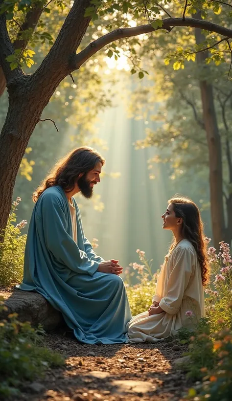 A small beautiful  and Jesus in heaven 
A  sitting near Jesus 
Jesus beautiful face blue white robe 
Jesus sitting infront of a beautiful small  
Holy atmosphere trees beautiful garden 
Heaven 
Historical hyperdetailled atmosphere 
Meisterwerk 