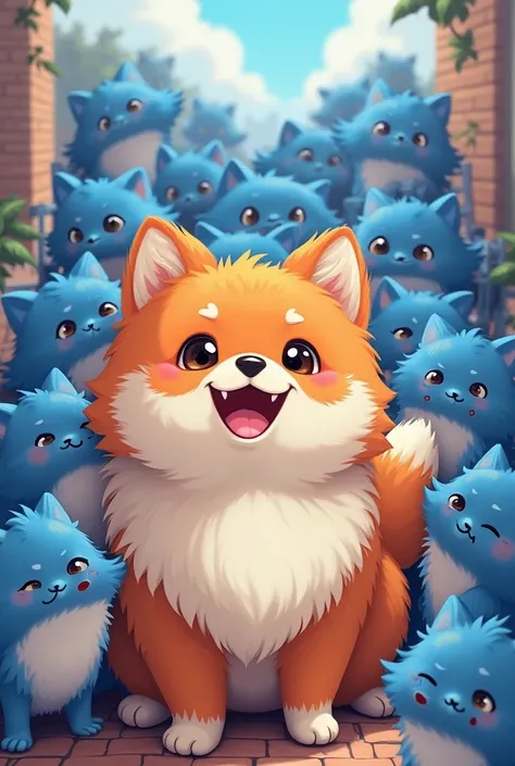 A red and blue pomeranian smiling and on the background there is a lot of blue cats 