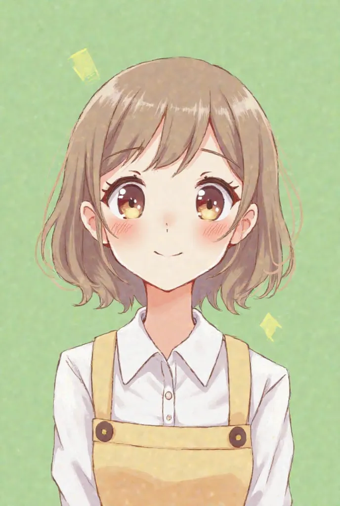 A 2D female character in a cute and charming drawing style. She is a store clerk, facing forward with a bright and genuine smile. Her face is delicate, with large, sparkling eyes, slightly rosy cheeks, and soft eyebrows. Her hair is smooth and stylish, eit...