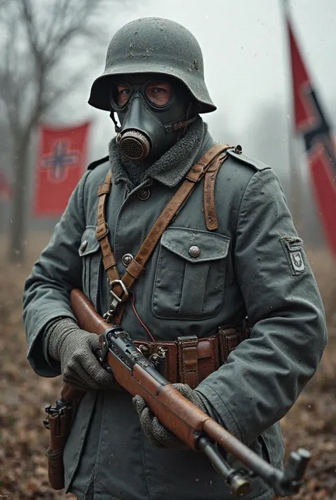 A Wehrmacht soldier of the First World War
With pimple hood gas mask and rifle gray uniform banner with Christmas flag on the back 