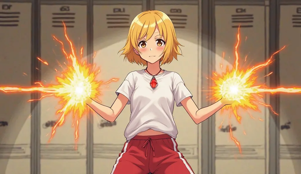 Create anime image of a 19 year old girl with short blonde hair, brown eyes, wearing a white t-shirt, and red shorts with white stripes. She has on a neckless with a red cristal. She is smirking, she has blasted an energy beam from her hands. She is a mart...