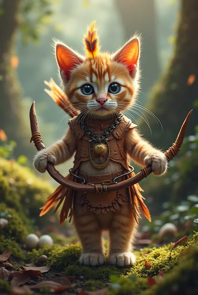 A realistic kitten dressed as an indigenous person, with a leather outfit adorned with colorful feathers, holding a bow and arrows in its paws. He is in a dense, realistic forest, with rays of sunlight filtering through the trees. His eyes are focused, and...