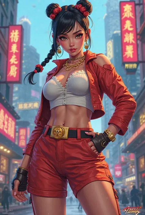 Help me design an American trendy brand for Chun Li to wear on the street，A person wearing a gyoza element