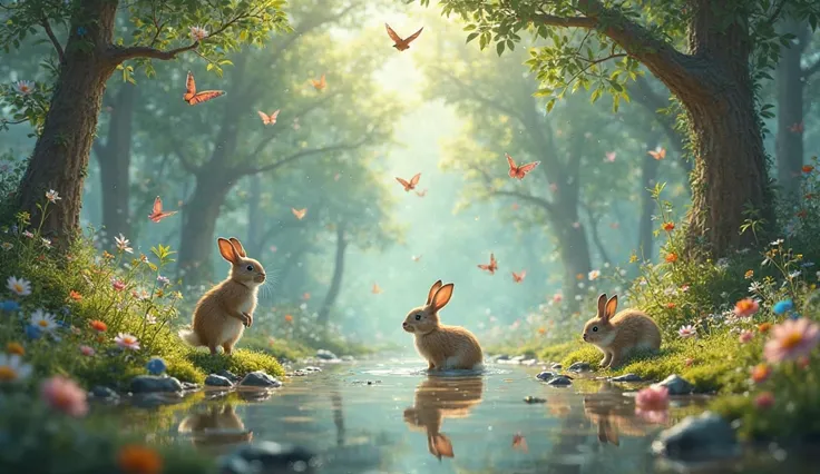 A joyful scene in the enchanted forest: birds sing, butterflies swirl, and rabbits splash in water puddles, creating an atmosphere of happiness.