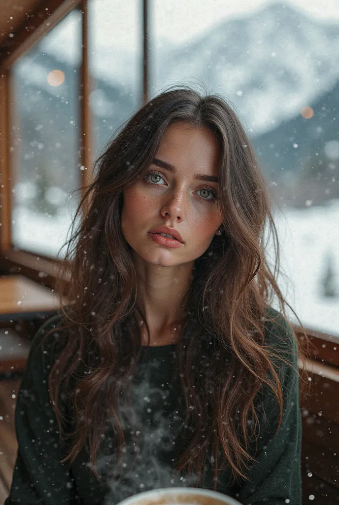 Brunette model named Ingrid with green eyes in a coffee shop with a snowy mountain background