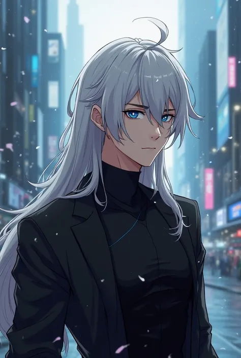 A 27 year old man,   with black clothes  , fairly long hair down to the bottom of the back of white color and blue eyes,  slightly tanned skin .. live in a futuristic city.  Anime Style,  With a serious expression 