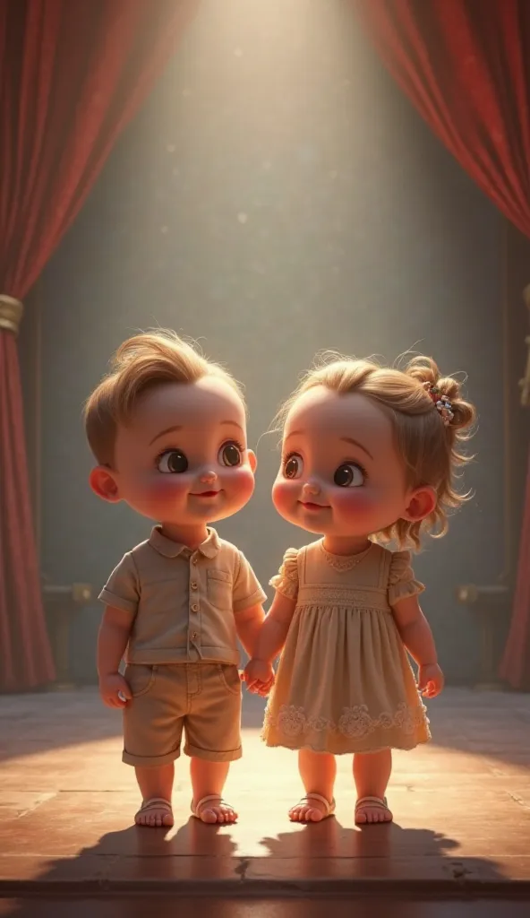 two human babies boy and girl standing on a stage