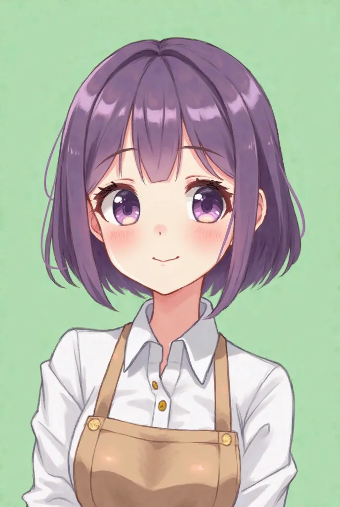 A 2D female character in a cute and charming drawing style. She is a store clerk, facing forward with a bright and genuine smile. Her face is delicate, with large, sparkling eyes, slightly rosy cheeks, and soft eyebrows. Her hair is smooth and stylish, eit...