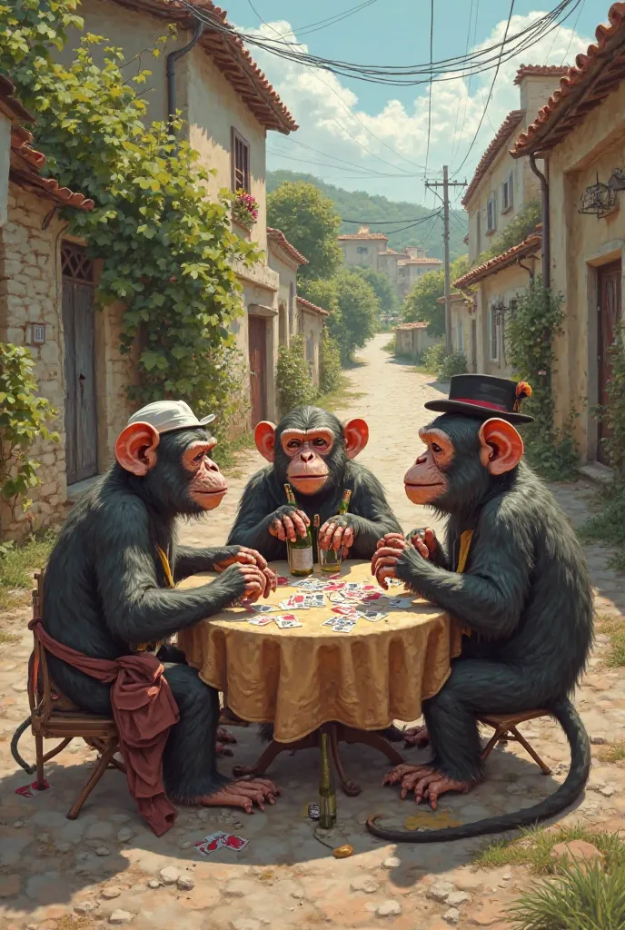 Monkeys playing card game on road and drinking wine