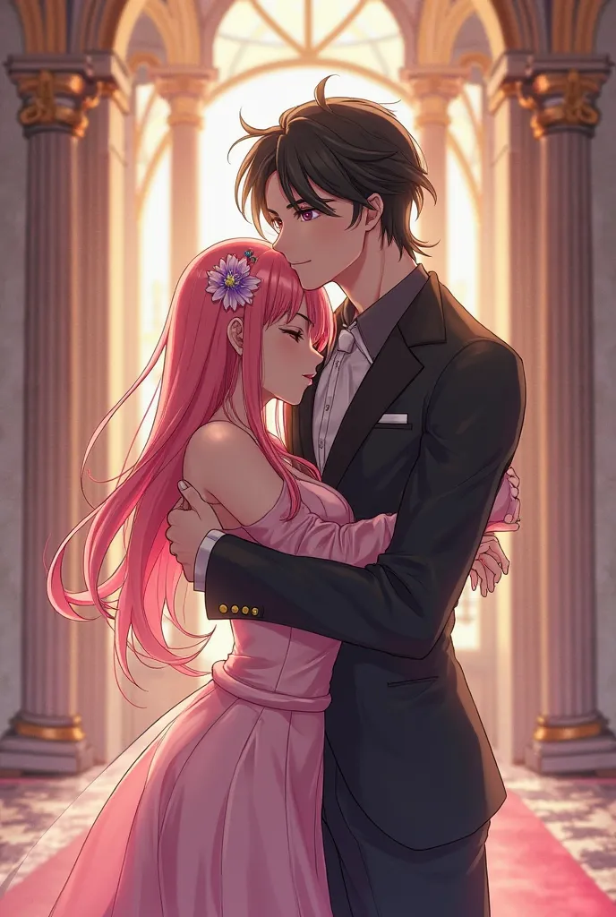 (1 woman 1 man) (anime) (anime image) (detailed image) (woman; pink long hair, short, sexy body, cute face) (man; black hair, charismatic face, long, sexy and muscular body) (woman and man hug) (hug) (hug) (background: Palace) (palace) (beautiful palace) (...